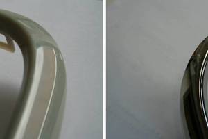  Bild 3: Oberfläche des Spritzgussteils aus zurückgewonnenem ABS-Regranulat vor und nach der Re-Galvanisierung 