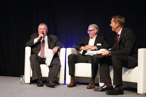  From left to right: The Raw material producers Anton Wolfsberger, Head of Marketing Consumer Products and Pipe at Borealis, and Alexander van Veen, Managing Director / Commercial, Procurement &amp; TS&amp;D at Braskem Netherlands, gave insights into their view of a sustainable plastics industry in a discussion, moderated by Steven Chaid 