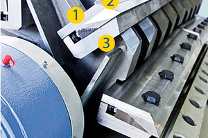  Rotor Baureihe F mit auswechselbarem Verschleißschutz; 1 - Messerdruckleiste, 2 - Rotormesser, 3 - Auswechselbares Verschleißteil 