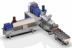  Der Kern der MAS-Recyclinganlage für PE-Postconsumer-Abfälle besteht aus einem 1-Schnecken-Extruder (links) zum Aufschmelzen der vorgereinigten PE-Flakes und einem MAS-Doppelschneckenextruder zum effizienten Entgasen und anschließendem Up-Cycling durch das Compoundieren mit Zuschlagstoffen 