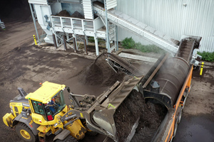  Feeding of biowaste by wheel loader, cleaning via screening drum, forwarding of contaminated biowaste towards AirLift 