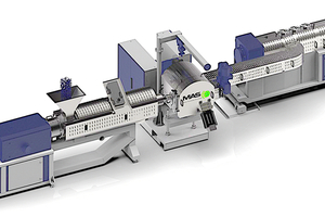  MAS-Kaskaden-Extrusionslinie, bestehend aus einem konischen MAS-Doppelschneckenextruder, einem CDF-Scheibenschmelzfilter und einem MAS-Einzelschneckenextruder mit Entgasungseinheit 