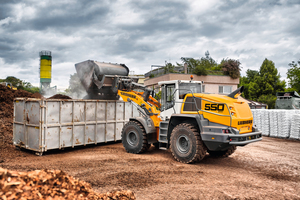  An L 550 XPower® with industrial kinematics and high dump bucket loading a container 