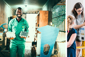  Zwei Anwendungs-beispiele für plasticpreneur® Maschinen: Kunststoffrecycling bis zum neuen Endprodukt in Uganda (linkes Bild) und zur Veranschaulichung des Prozesses in einem Workshop 