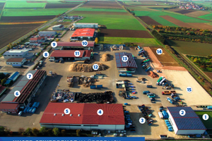  Der Gewerbehof der Bohm Entsorgung GmbH: 1 Regenwasser­rückhalte­becken/Löschwasservorrat, 2 Betriebseigene Werkstatt, 3 Containerlagerplatz, 4 Kunststoffsortierung/-aufbereitung, 5 Zertifizierte Aktenvernichtung, 6 Einfahrt mit Unterboden-waage, Büro, 7 Papier-halle mit Ballenpresse, 8 Waschplatz für Fahrzeuge und Container, 9 Betriebseigene Tankstelle, 10 Lagerplatz für Holzhackschnitzel, 11 Altholzaufbereitungs-anlage, 12/13 Lager Altholz, 14 Lagerplatz Bauschutt, 15 Fuhrpark 