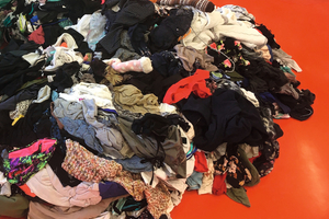  Textile waste from commercial sorting, initial sample, sorted sample of the polycotton fraction and prepared sample for solvent-based recycling and analysis  